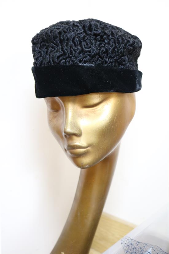 A 1960s display head, shawl, gloves and hat